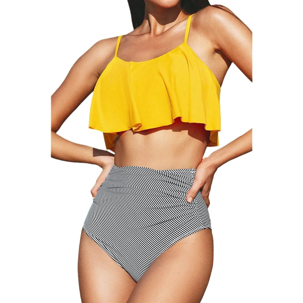 Women's striped solid colour bikini with split ruffled design in briefs style