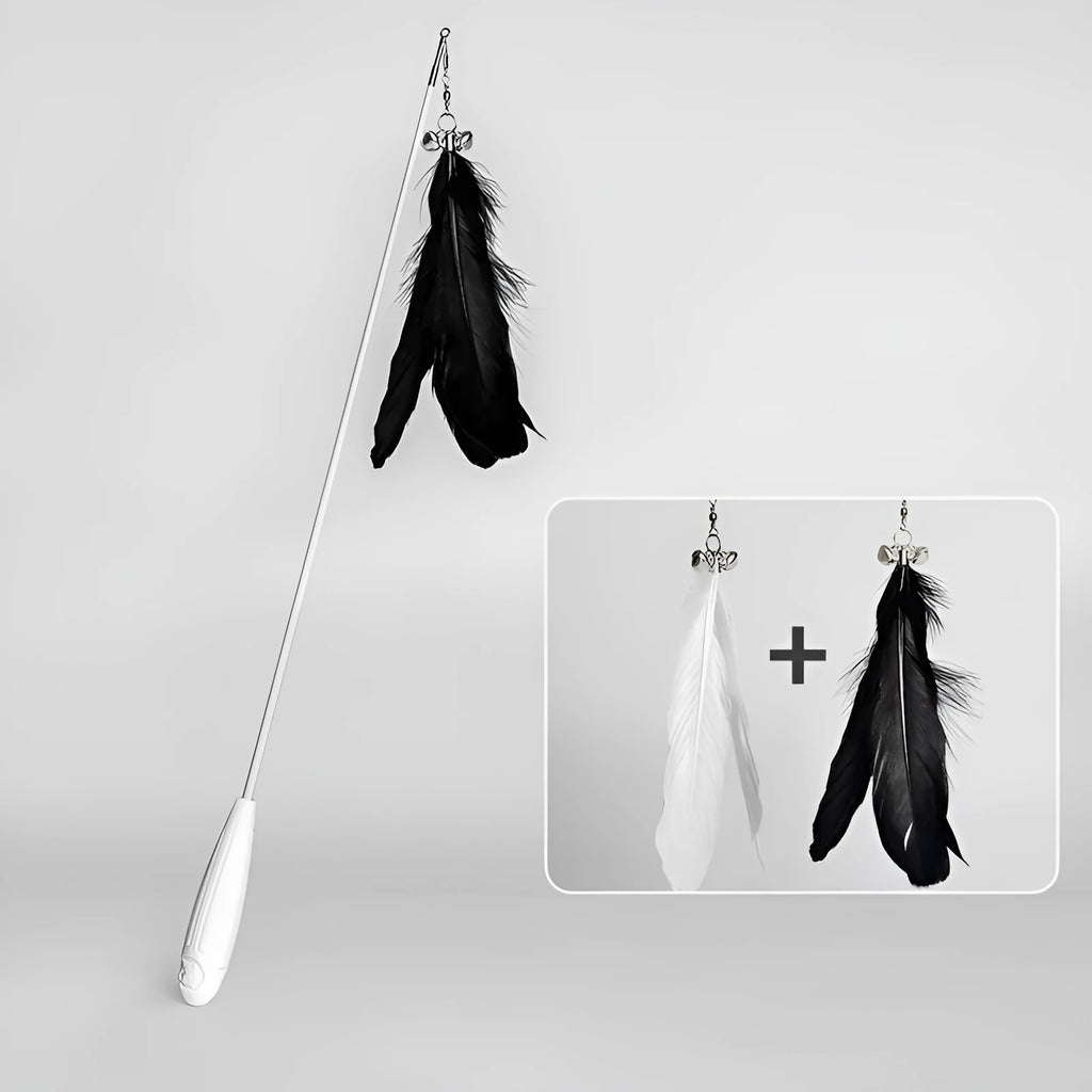 Telescopic cat fishing rod toy with goose feather teaser and removable bell, showing extended and collapsed positions