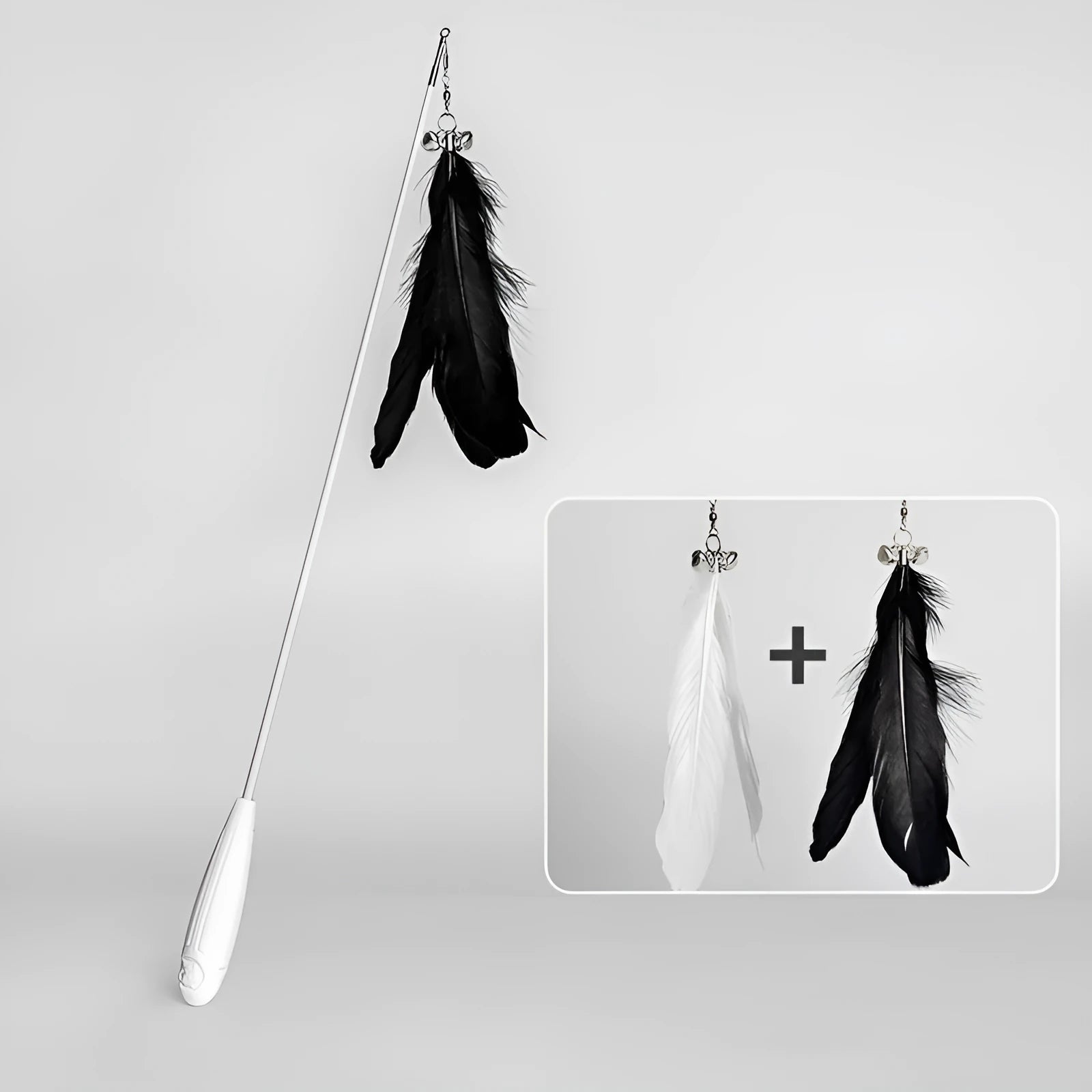 Telescopic cat fishing rod toy with goose feather teaser and removable bell, showing extended and collapsed positions