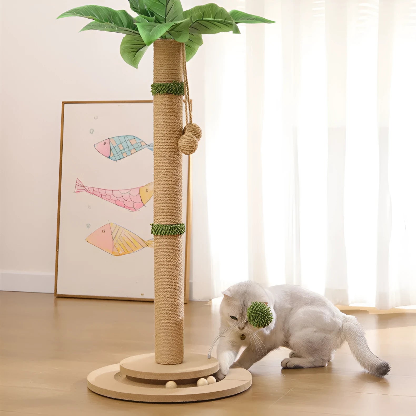 Vertical cat climbing frame with hemp rope scratching posts in a canna colour with a chamfering grab column.