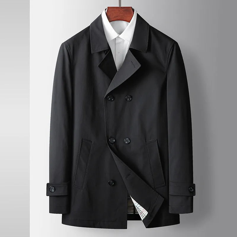 Men's double-breasted slim fit trench coat in synthetic fibre blend, available in blue black and khaki Asian sizes 170-195