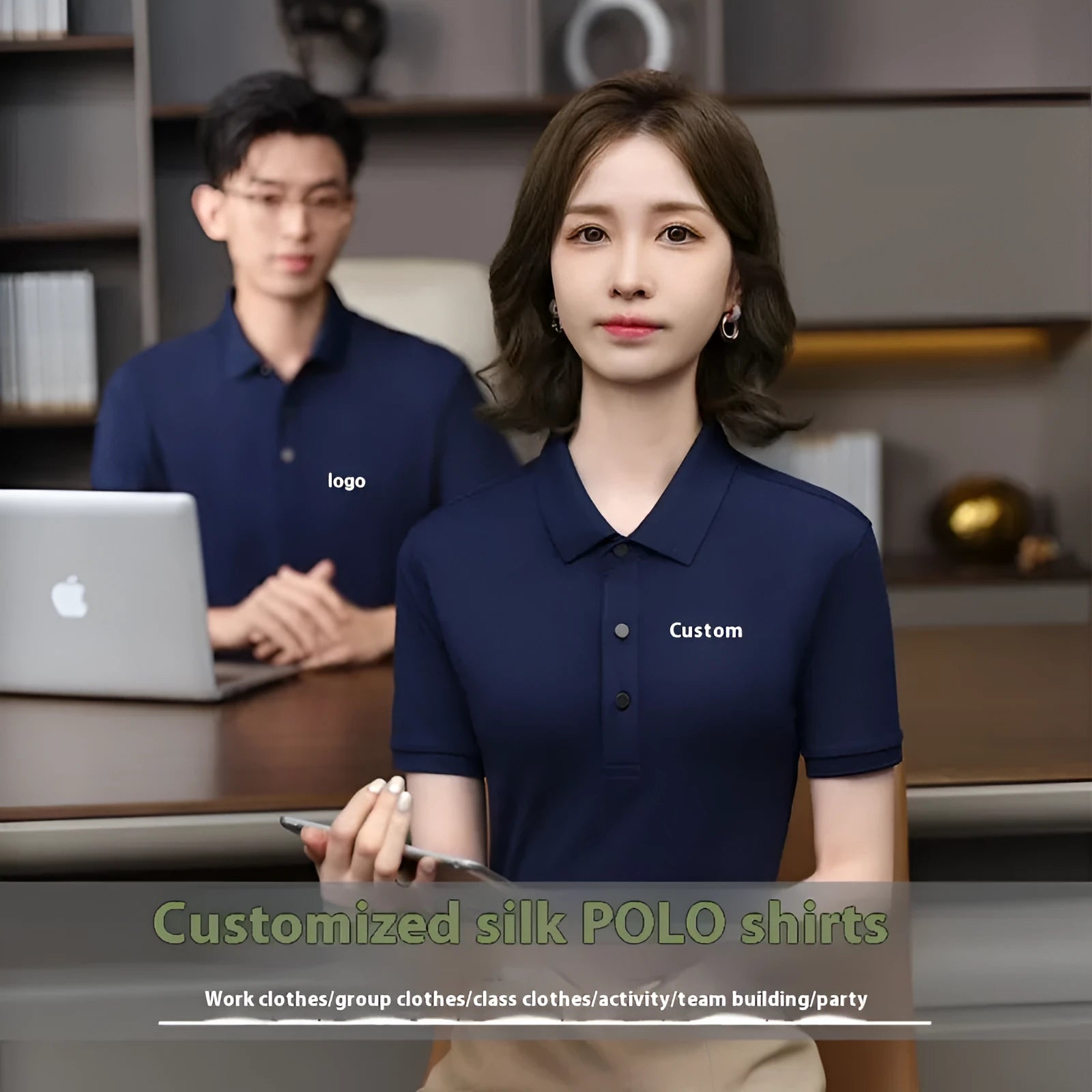 A man and woman modelling thin pearl cotton polo shirt overalls in a straight, short-sleeve cut.