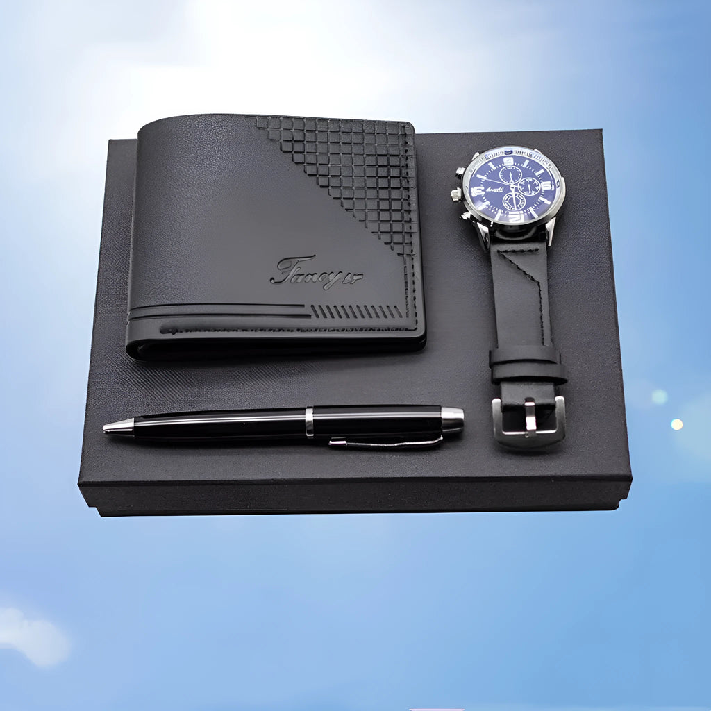 Creative holiday gift set featuring a wallet, pen, and watch in a gift box, available in black or brown.