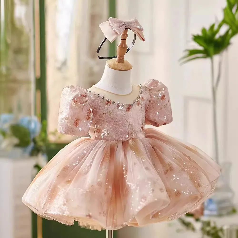 Girls' pink princess dress for birthday and piano recital, available in heights 80cm to 150cm