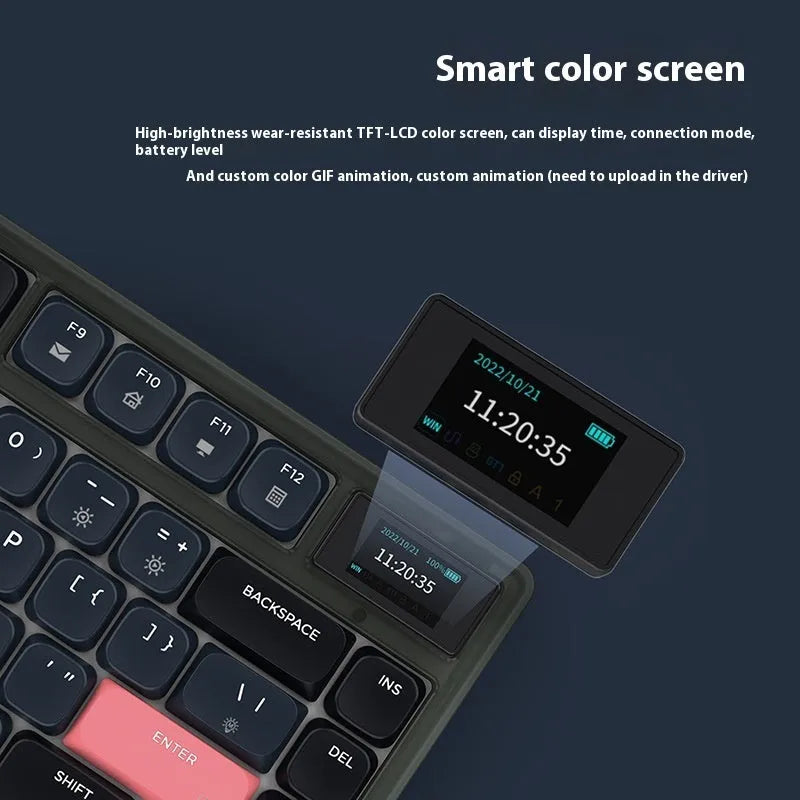 Ajazz AK832PRO green mechanical keyboard with colour screen and 81 PBT keycaps.