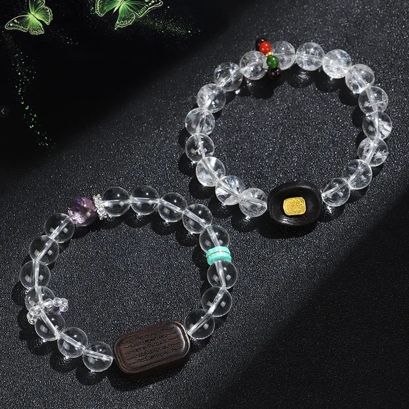 Natural white crystal ebony five warp bracelet on wrist showing handmade ethnic design