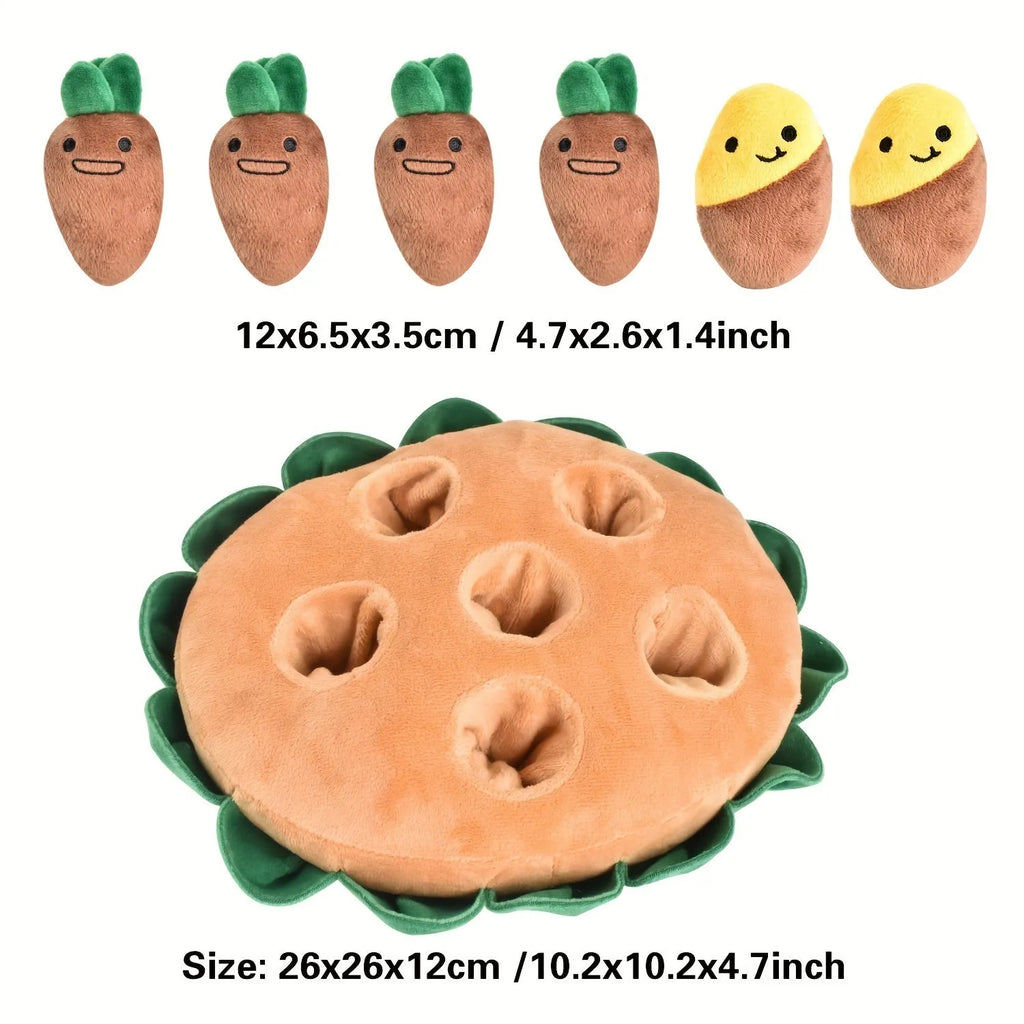 Yellow interactive dog puzzle toy with removable squeaky plush toys on polyester foraging pad