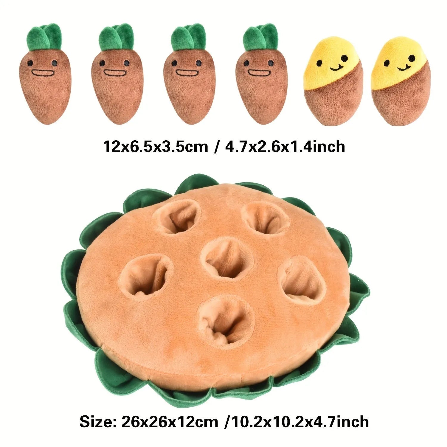 Yellow interactive dog puzzle toy with removable squeaky plush toys on polyester foraging pad
