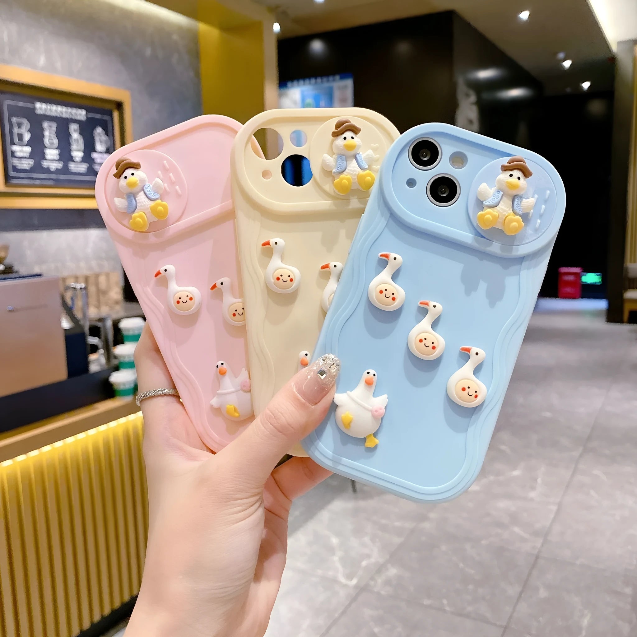 Wave sliding window cartoon three-dimensional duck soft protective cover for Apple iPhone, beige duck colour
