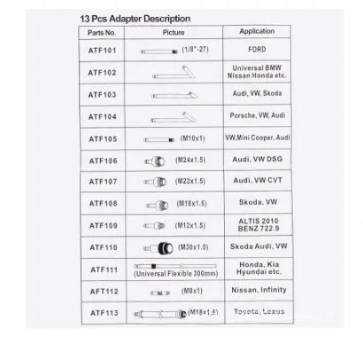 13-piece automatic transmission oil refuelling connector kit with various adaptors on a white background.