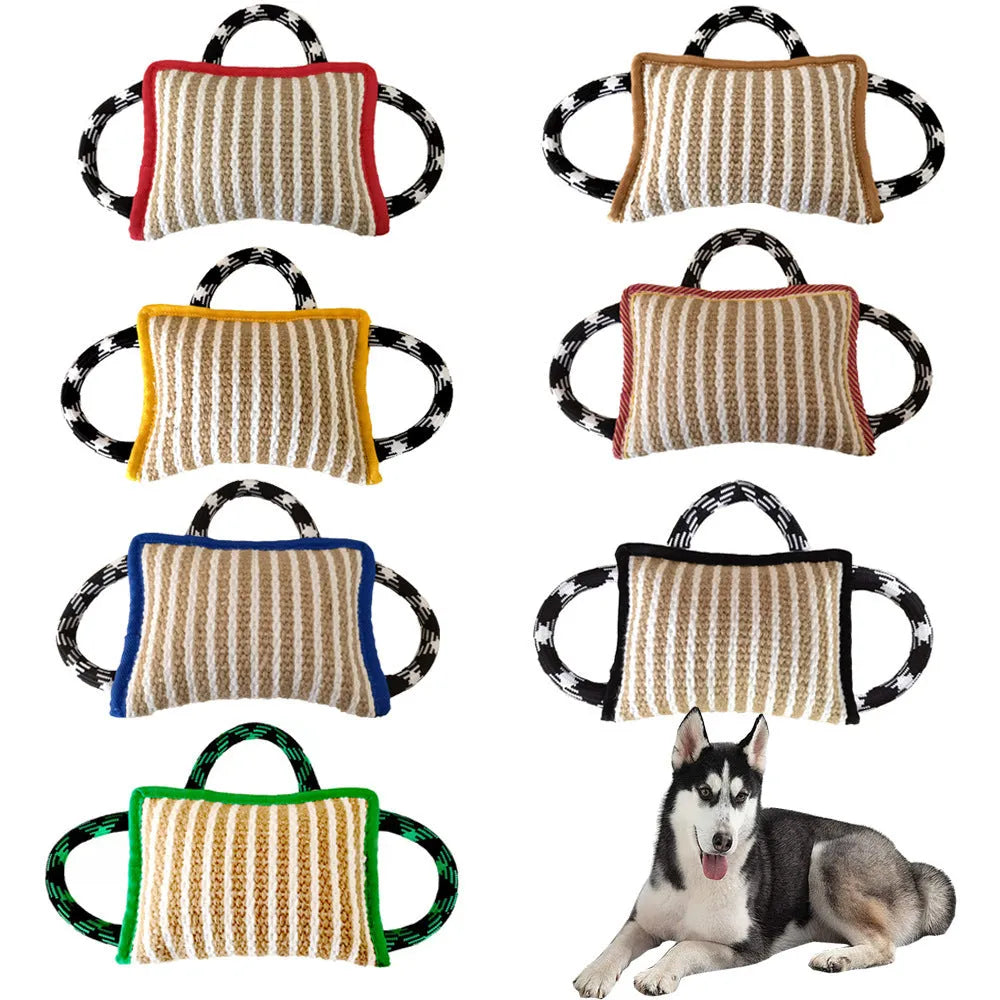 Jute dog tug toy bite pillow with three rope handles in assorted colours