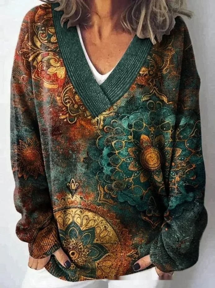 Women's V-neck sweatshirt with 3D floral pattern print and long sleeves in casual pullover style