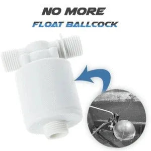 White nylon automatic float valve for purified water systems with BSP thread connections.