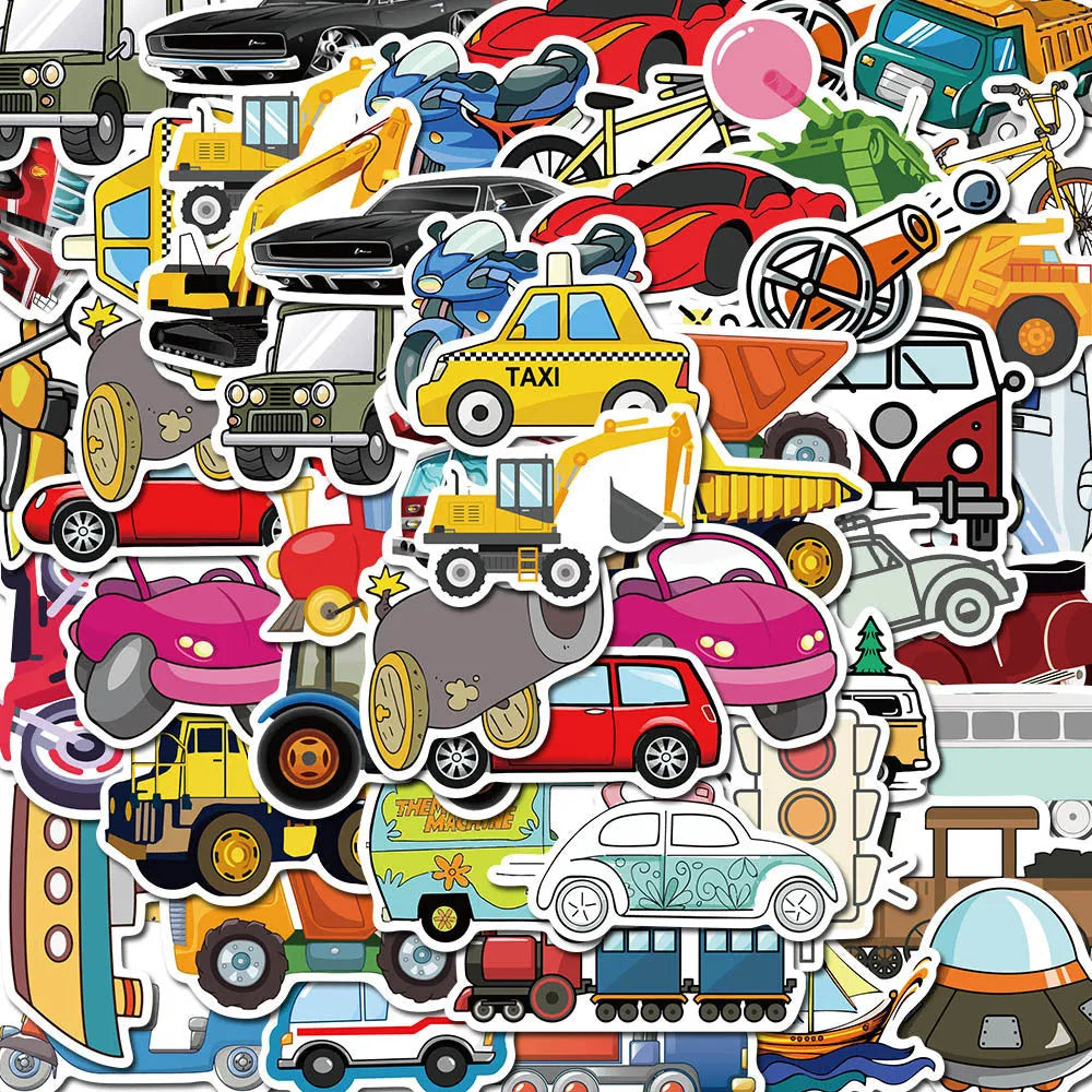 Set of cartoon vehicle graffiti stickers including an excavator, size 4-6cm, waterproof adhesive