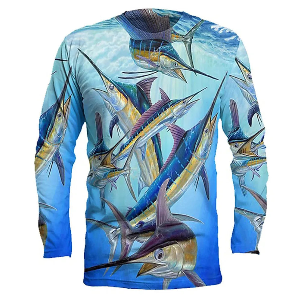 Men's long-sleeved grey pullover with a detailed all-over fish print design, round neck.