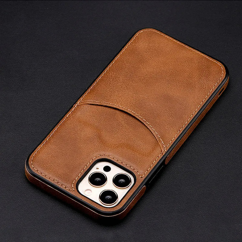 Dark blue PU leather protective case for an iPhone on a table.