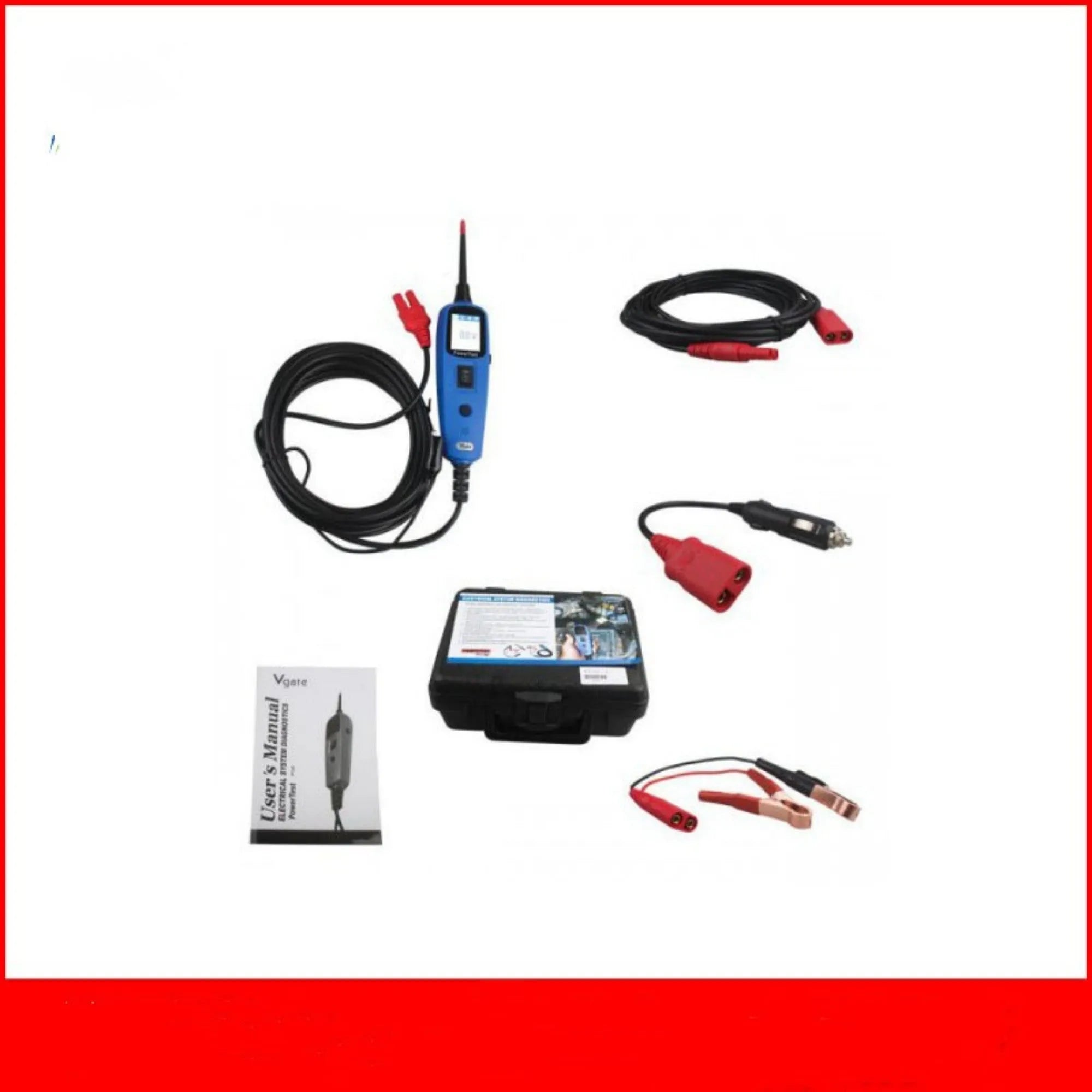 Blue PT150 automotive power circuit test pen with TFT display, shown with extension cable, probe, and protective case.