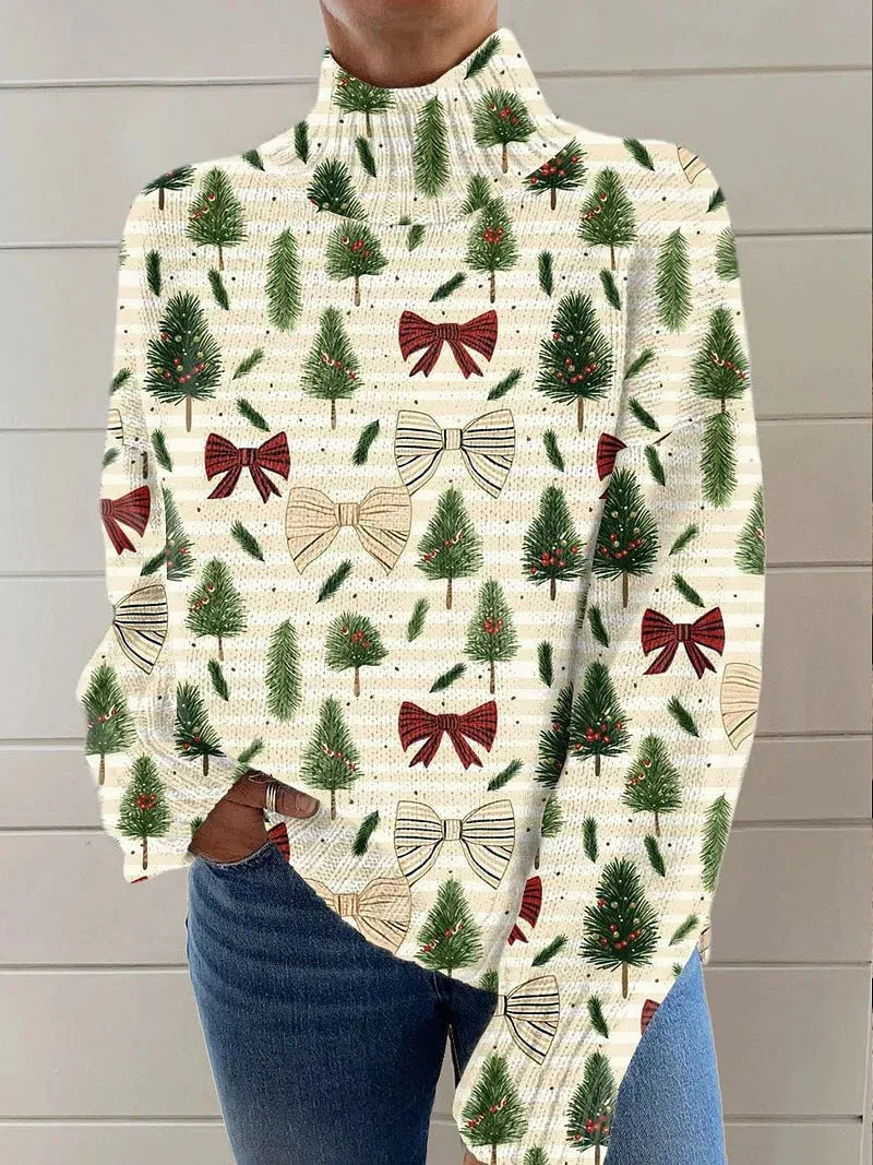 Women's printed red Christmas turtleneck loose-fit sweater on a hanger.