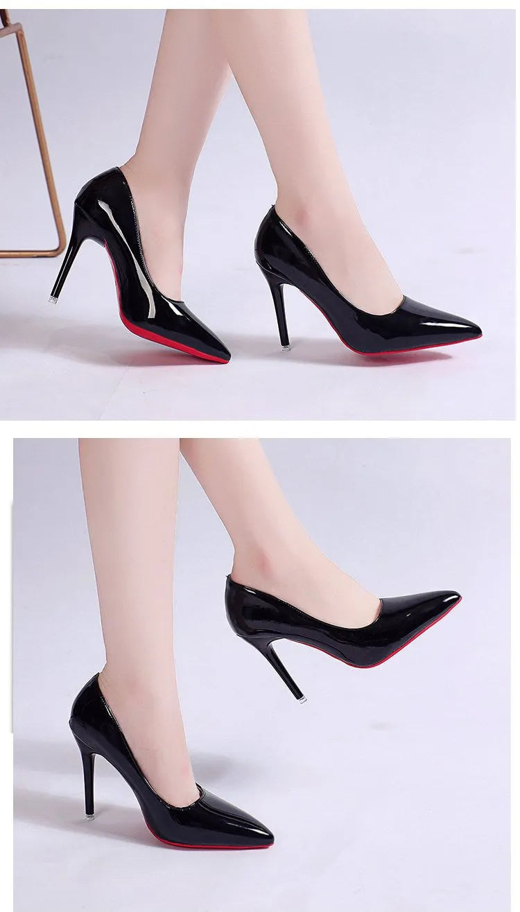 Women's black stiletto pumps with pointed toe and shallow mouth design on white background