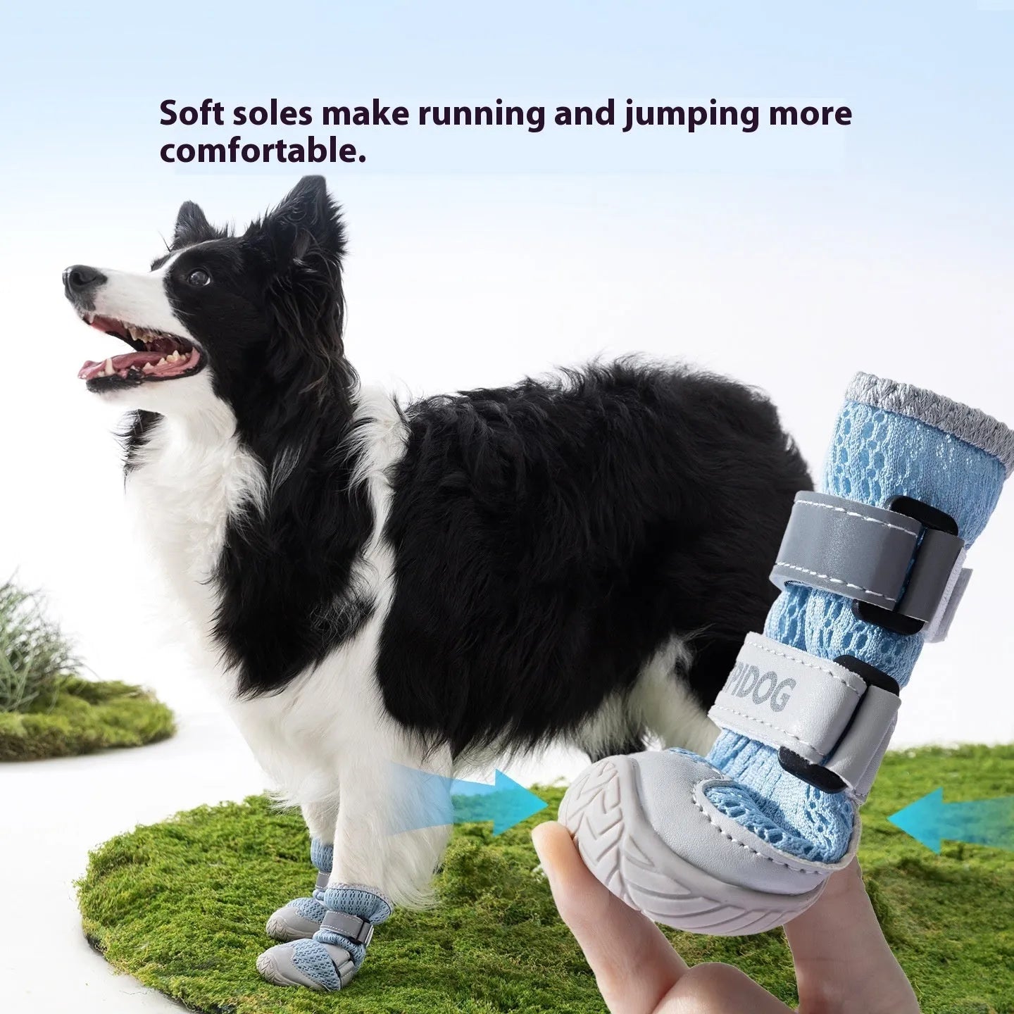 Cartoon style blue and green dog shoes made from PU material for summer wear.