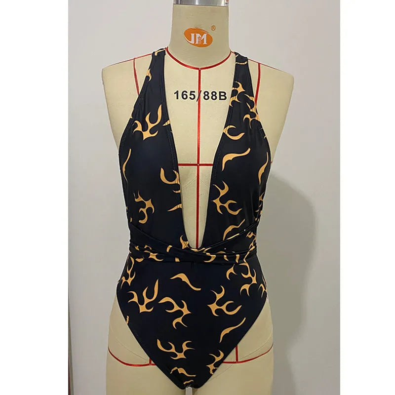 Ladies flame pattern bikini swimsuit in polyester fibre, two-piece swimwear available in sizes S, M and L