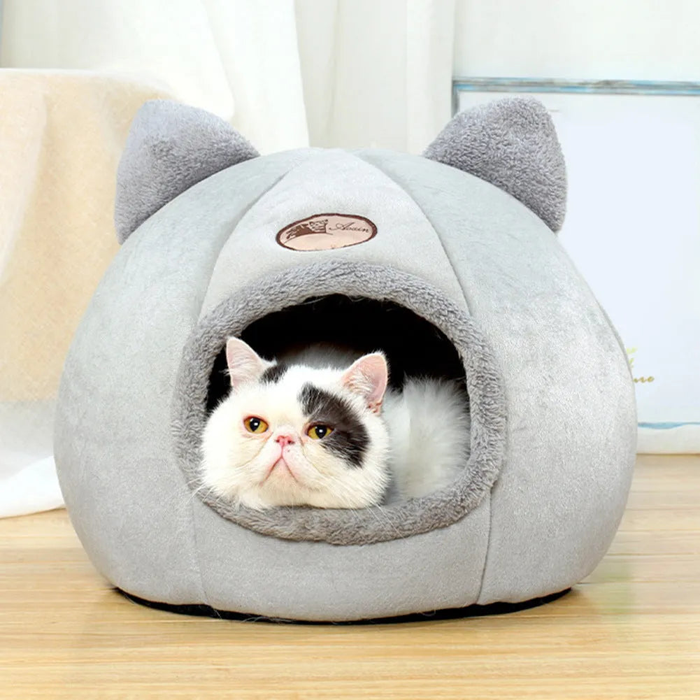 Grey fleece enclosed cube cat bed with entrance hole, shown in small, medium, and large sizes.