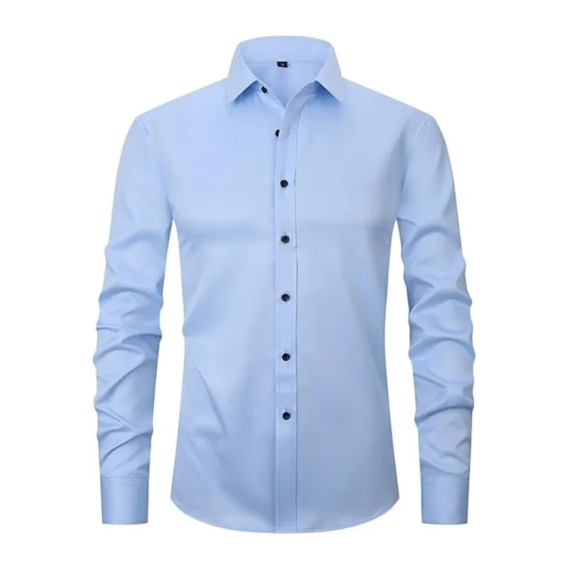 Men's solid colour stretch long sleeve work shirt made from polyester fabric on a hanger.