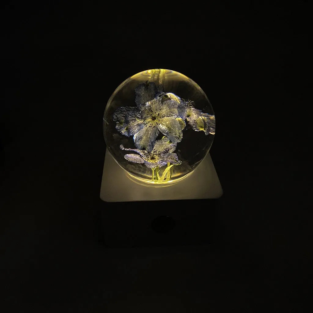8cm dandelion and sunflower specimen night light with USB cable on a desktop.