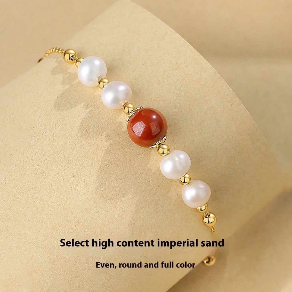 Yellow 925 silver bracelet with red bean pearl cinnabar design for women