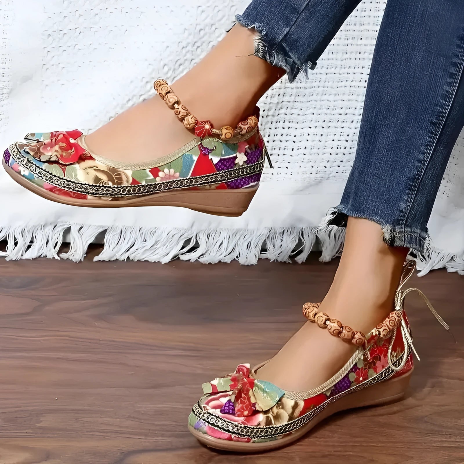 Women's black plus-size ethnic platform sandals with cloth upper and elastic band strap.