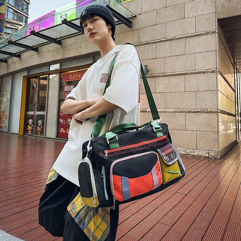 Large black sports shoulder messenger bag with 43cm height and Oxford cloth construction