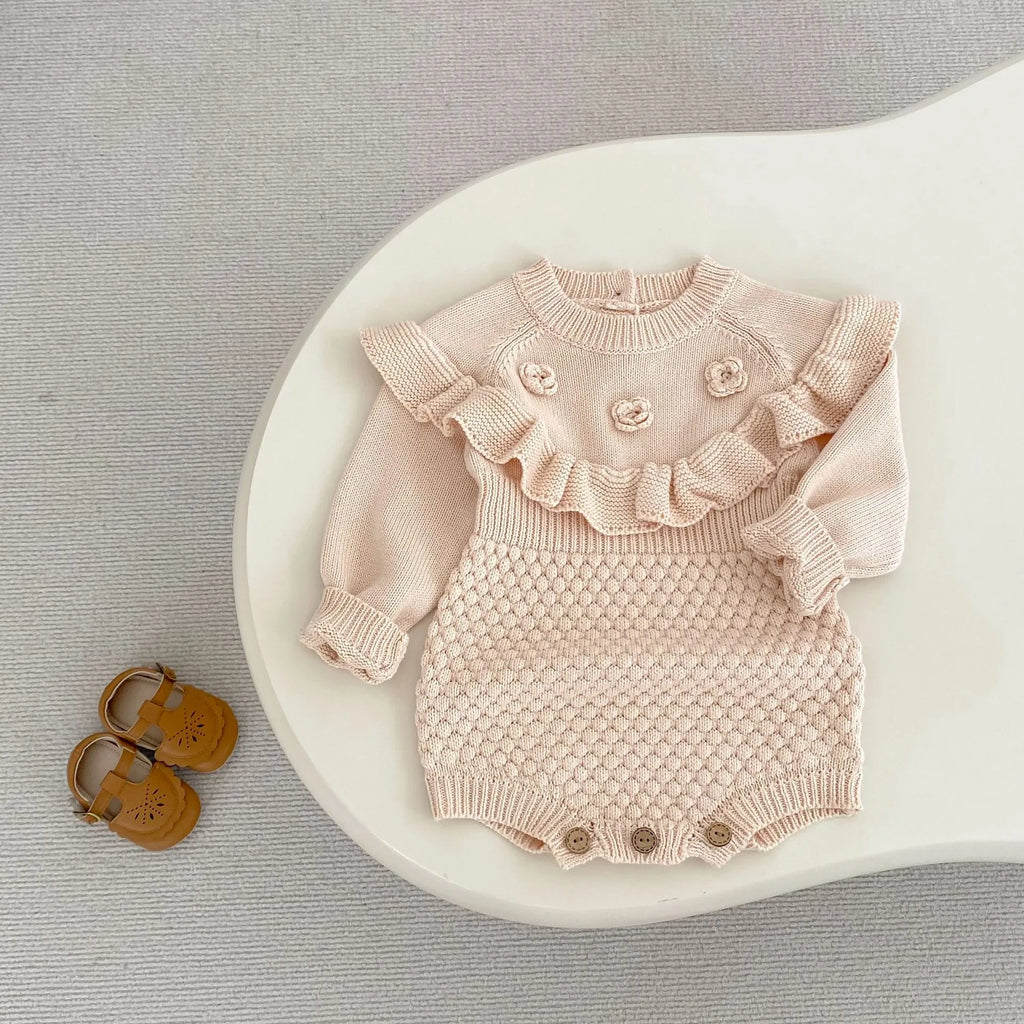 Baby hand crocheting flower pineapple plaid knitted wool long sleeve jumpsuit in stone powder for girls