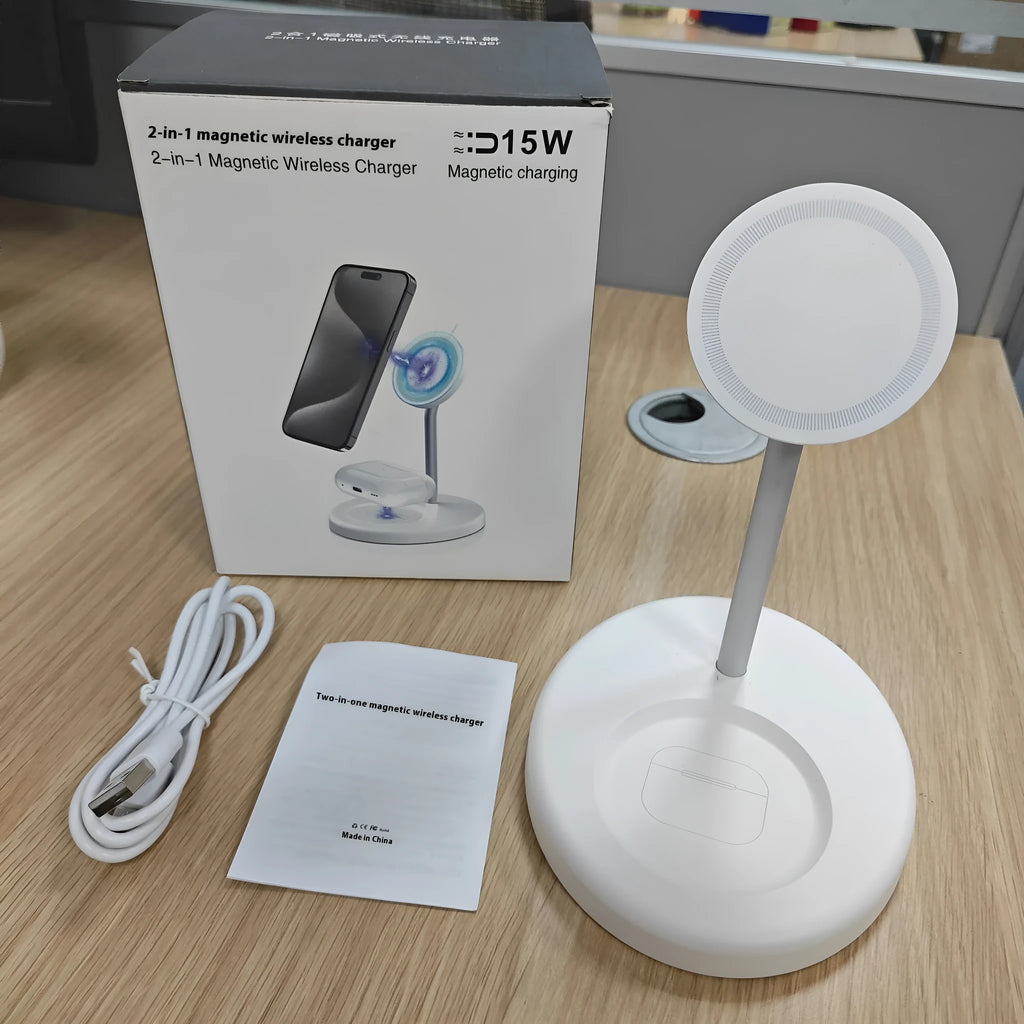 White vertical wireless charging stand for phone with visible cooling holes, showing phone charging in upright position.