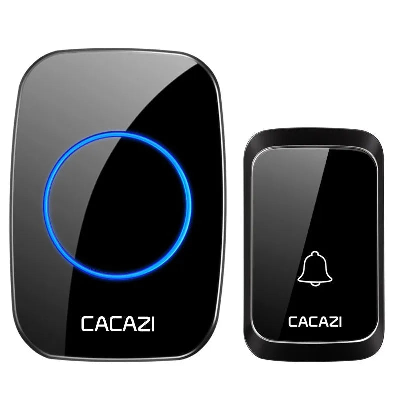 Black wireless doorbell transmitter and white receiver with battery-powered DC operation and 300-metre range