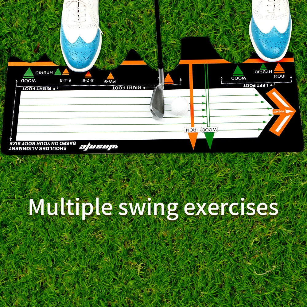 Black neoprene golf swing training pad with alignment markings on a green artificial turf surface.