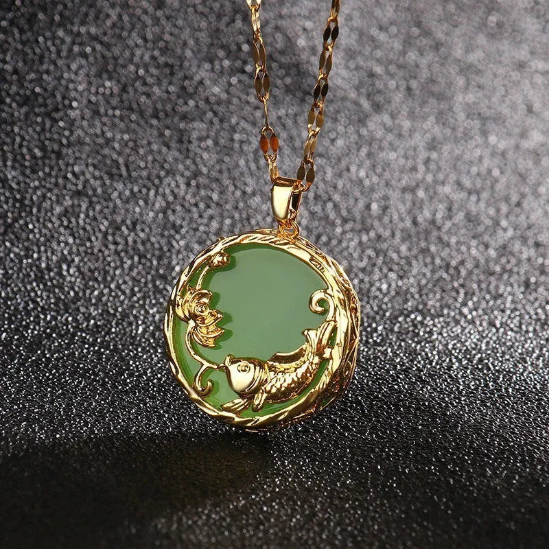 Gold-plated titanium steel necklace with geometric koi pendant and micro inlay, O-ring chain, polished finish