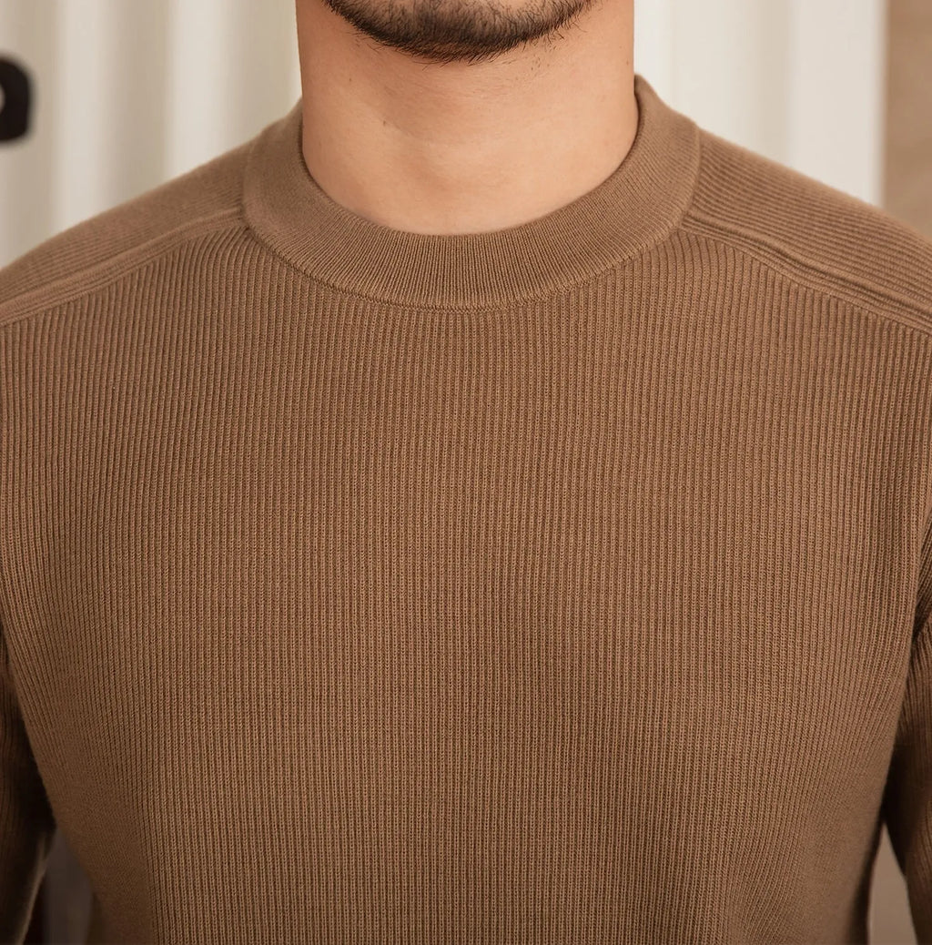 Men's slim fit casual knit shirt in clay colour, button down front, long sleeves, soft polyester nylon acrylic wool blend