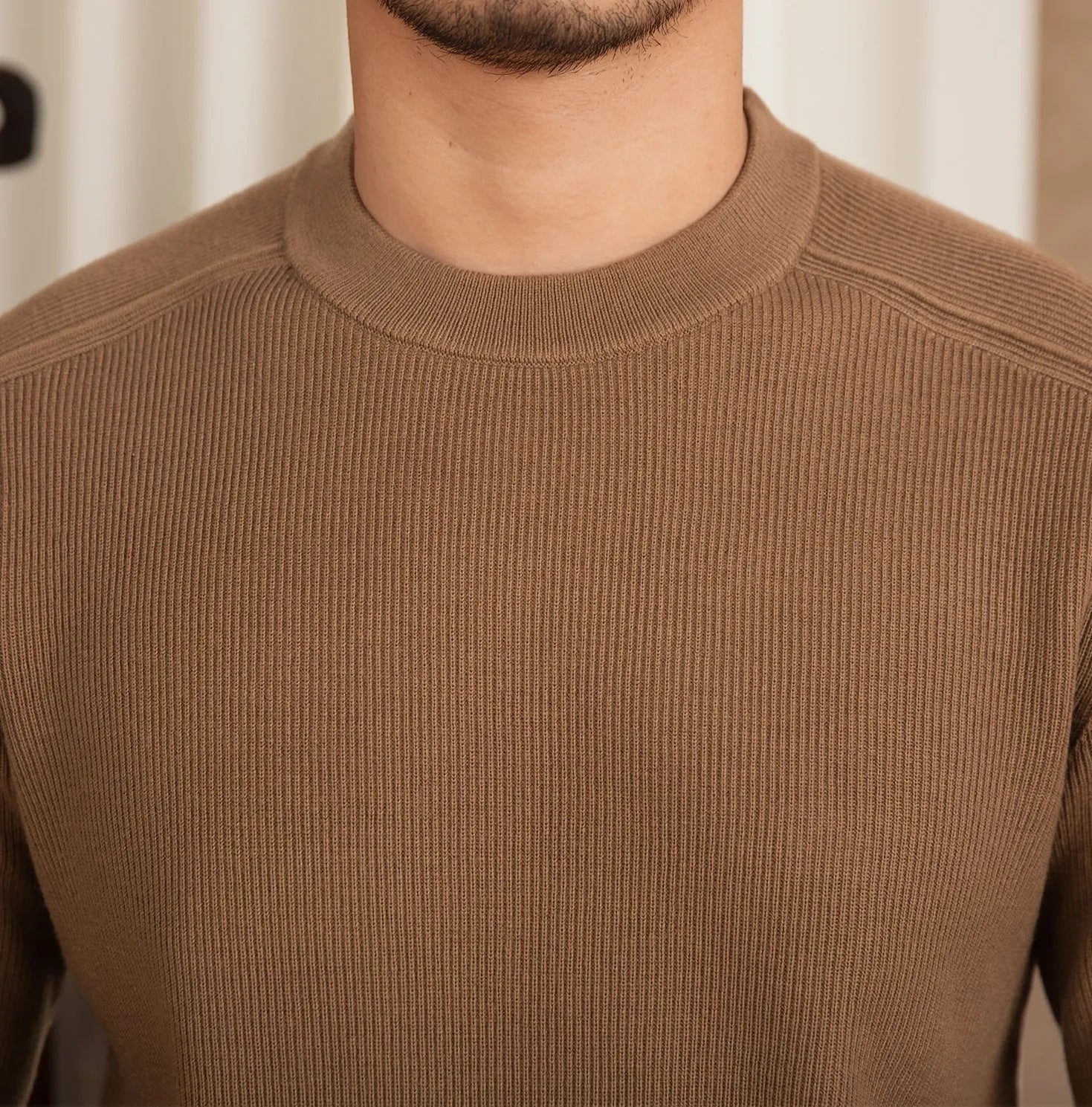 Men's slim fit casual knit shirt in clay colour, button down front, long sleeves, soft polyester nylon acrylic wool blend