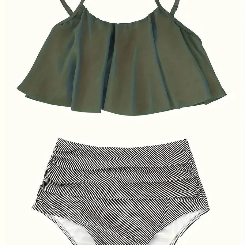 Women's ruffled high-waisted swimsuit in polyester fabric with backless design