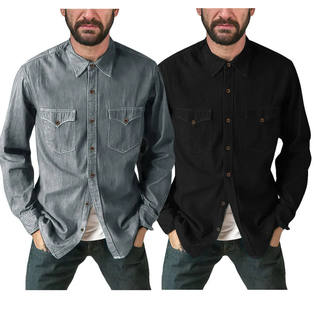 A regular fit denim cardigan coat available in khaki, black, blue, and grey colours.