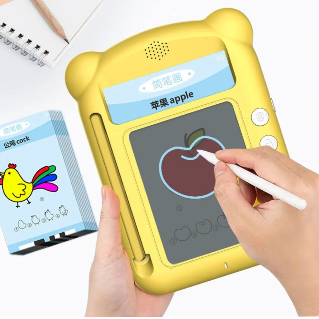 Yellow ABS plastic early learning machine with creative stick figure design and educational cards