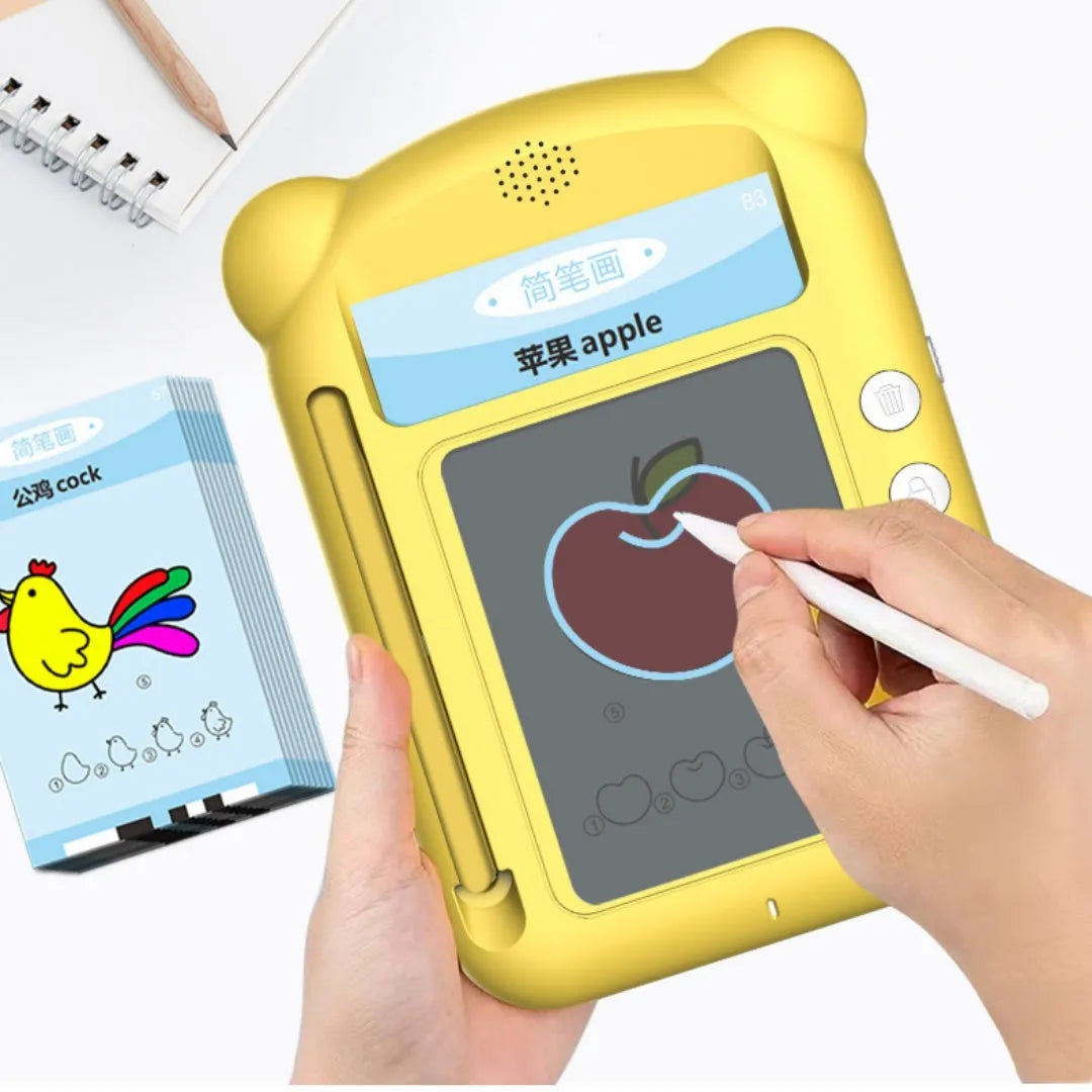 Yellow ABS plastic early learning machine with creative stick figure design and educational cards