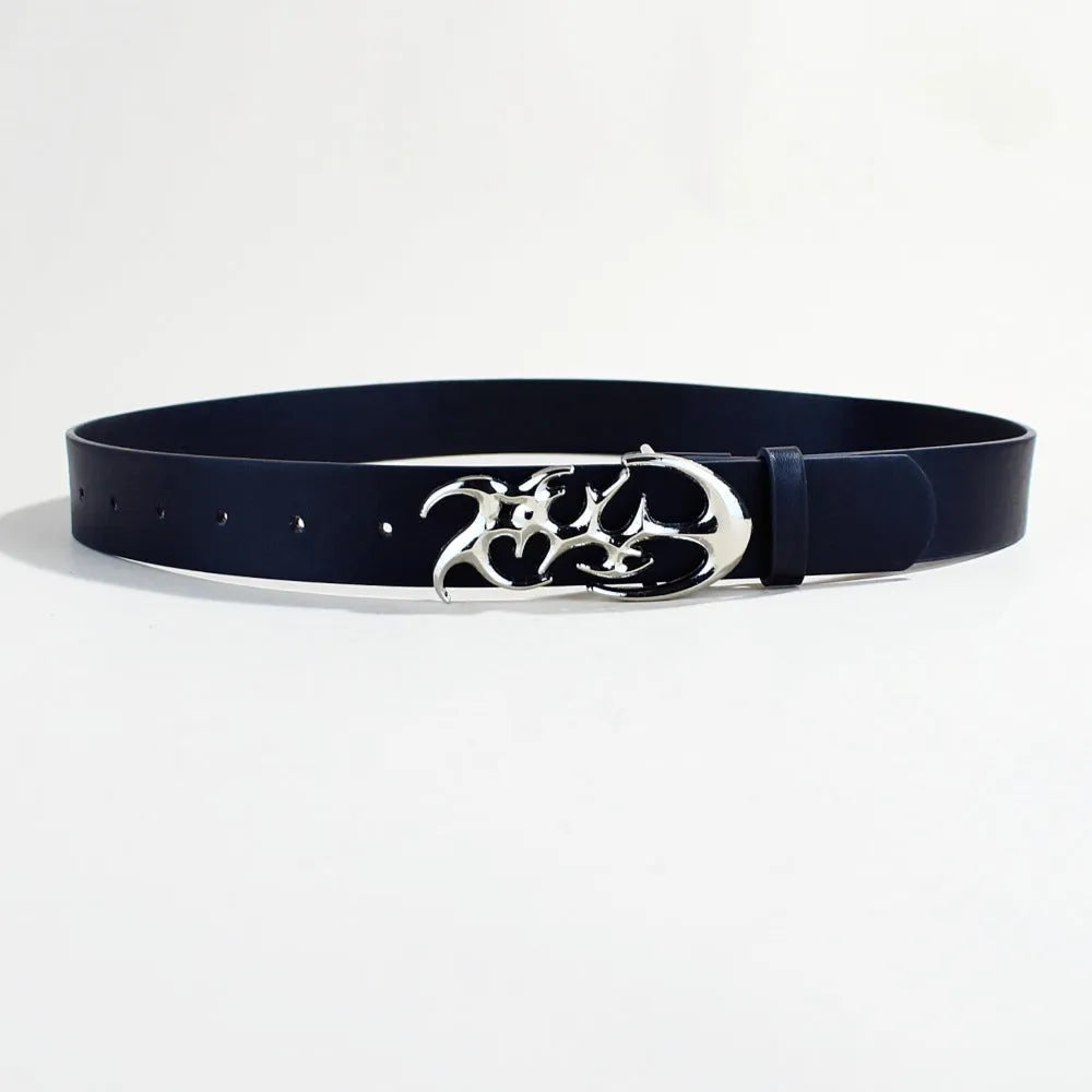 Silver buckle casual belt with PU leather strap and snap button closure