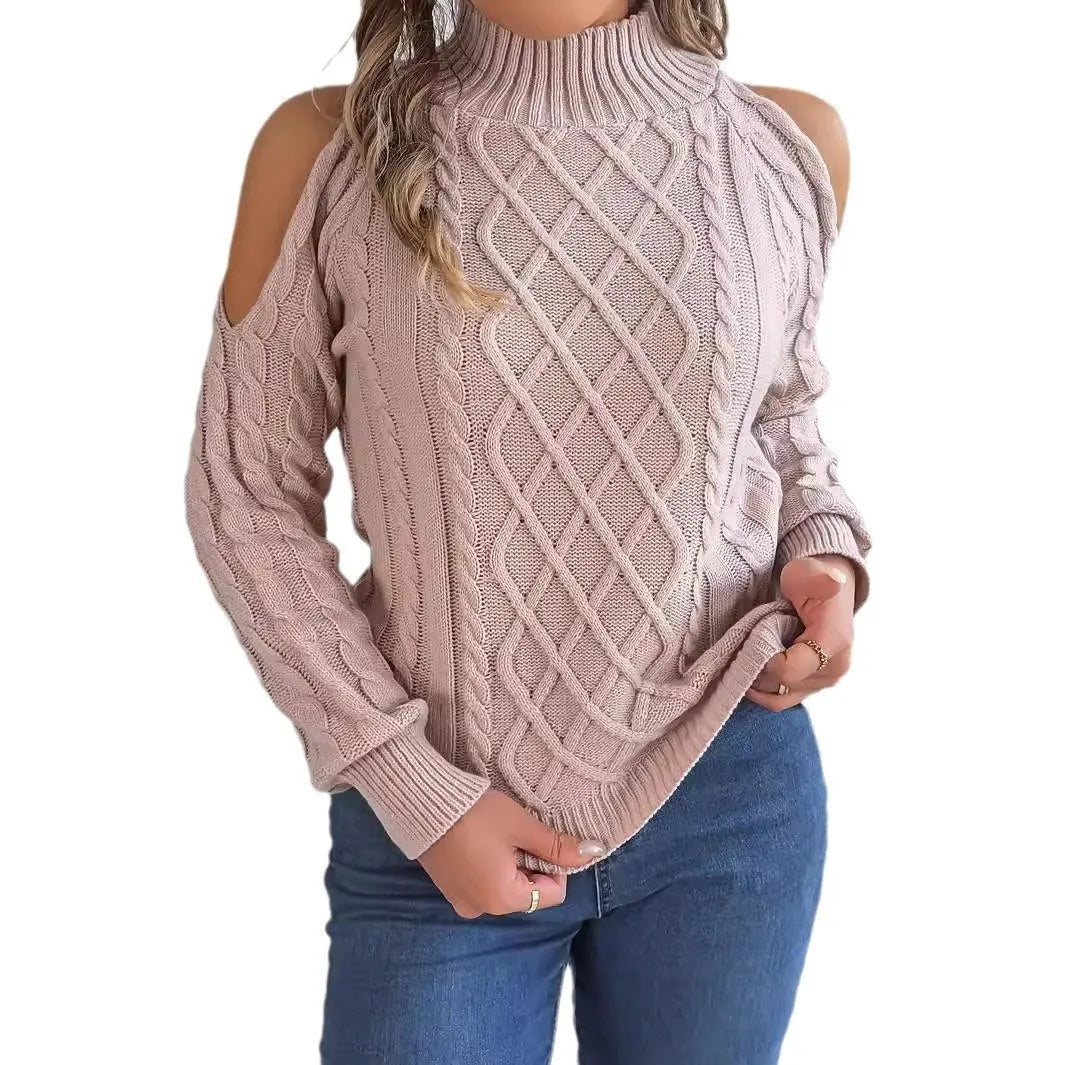 Gray women's pullover sweater with a strapless half-high collar and long, twisted lantern sleeves.