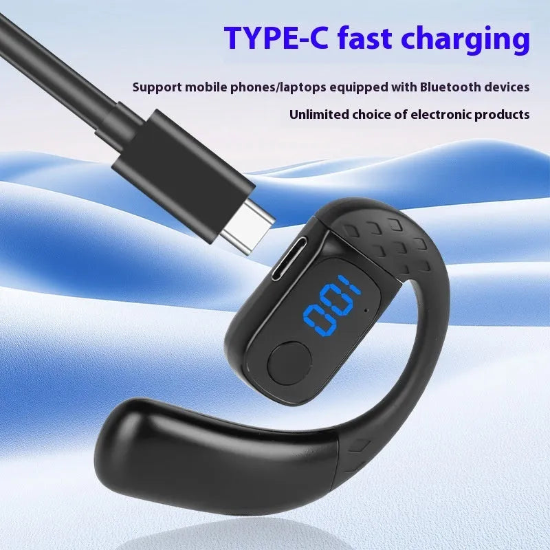 Rotating digital display bone conduction Bluetooth headset in black with ear hook design