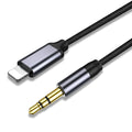 Nylon braided audio cable in silver and black, showing 3.5mm connectors, with length options of 0.5m, 1m, and 1.5m.