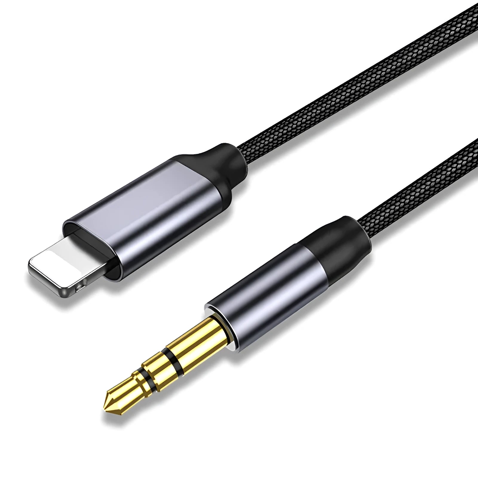 Nylon braided audio cable in silver and black, showing 3.5mm connectors, with length options of 0.5m, 1m, and 1.5m.