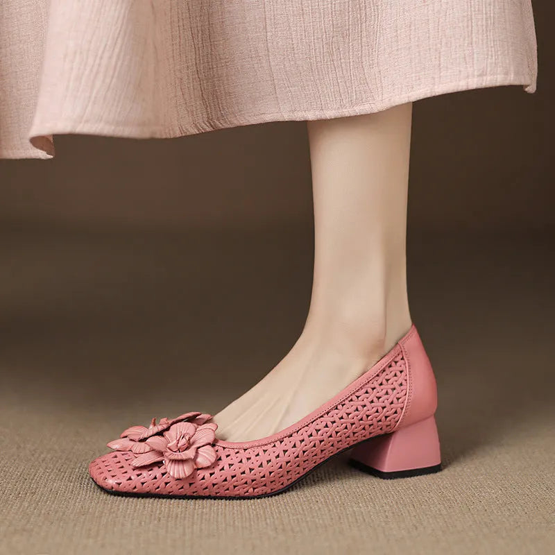 Women's light brown woven leather pumps with hollow pattern and mid-heel