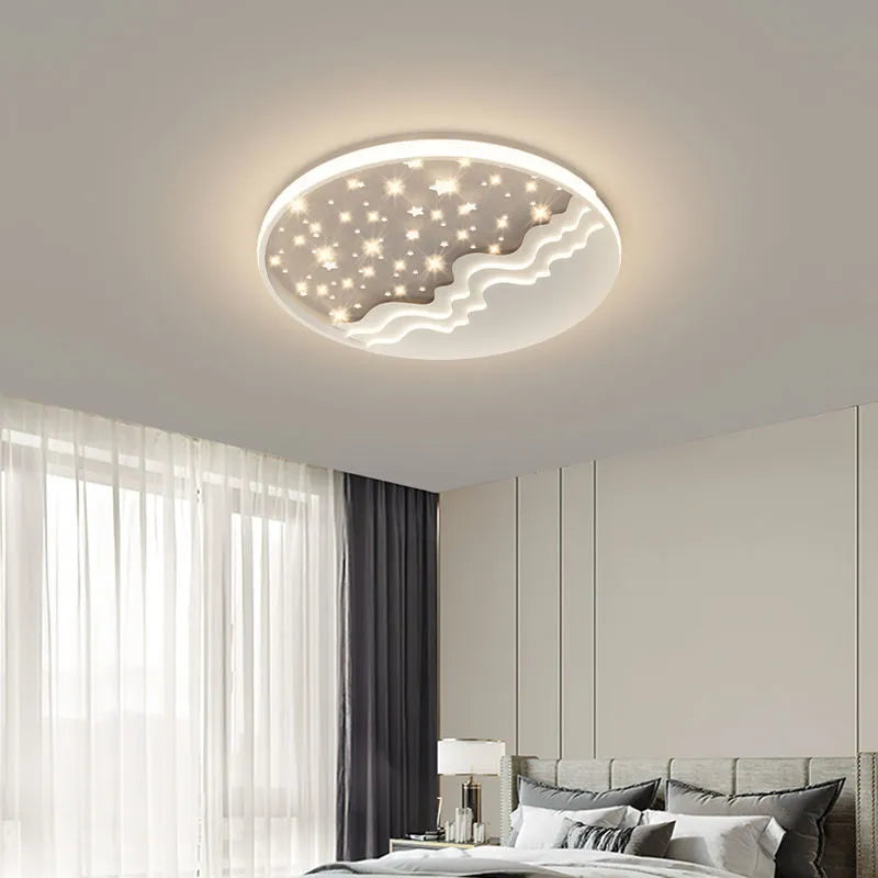 Moon-shaped romantic ceiling light for bedroom with wrought iron frame and acrylic panels