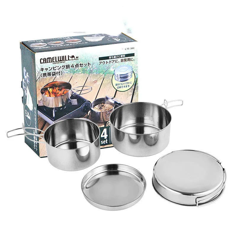 Silver stainless steel camping cookware set with split pots for 2-3 people outdoor cooking